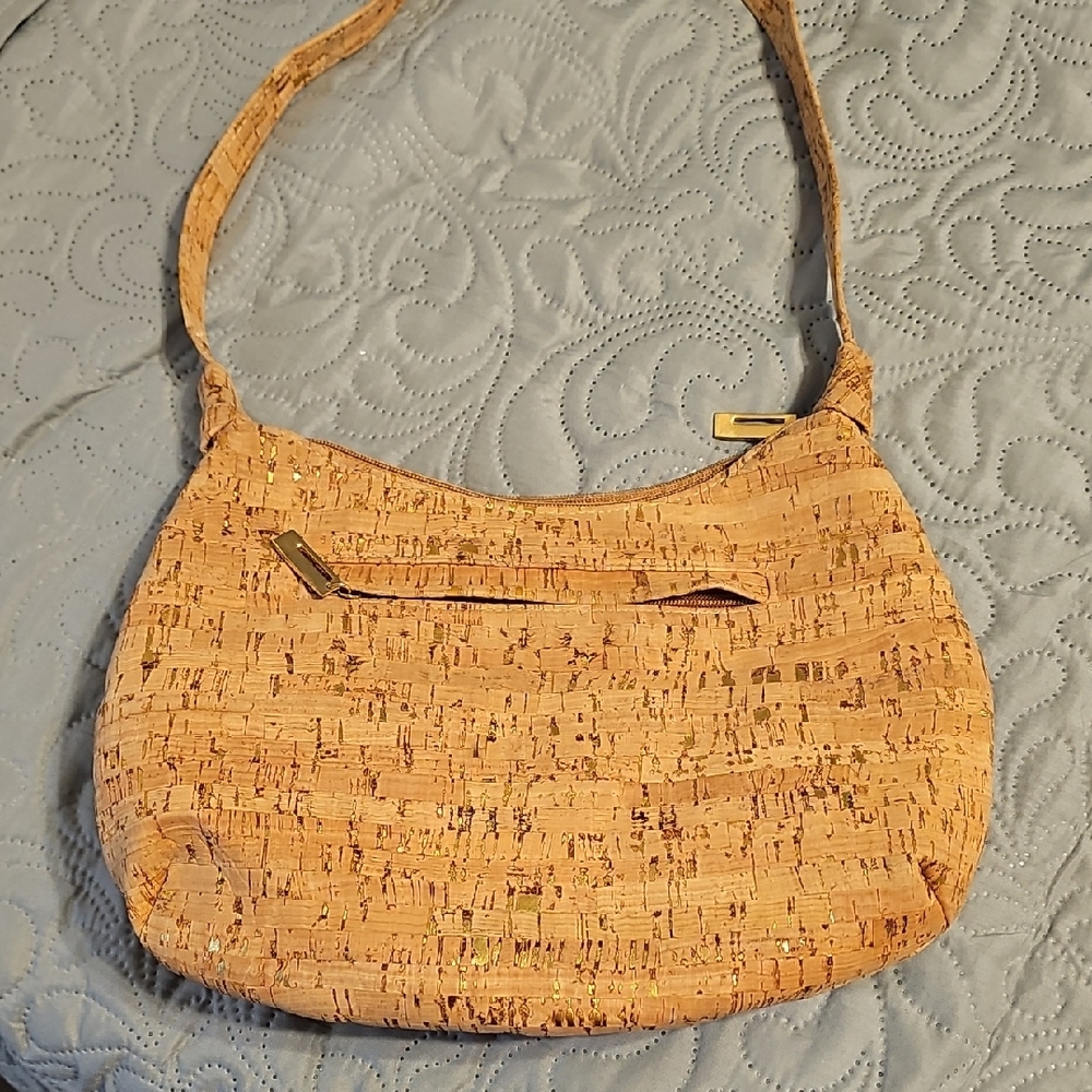 Hobo Style Natural Cork and Gold Metallic Flake  Leather Shoulder Bag